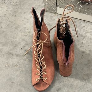 Shoe Republic LA Rust Lace-Up Open Toe Booties